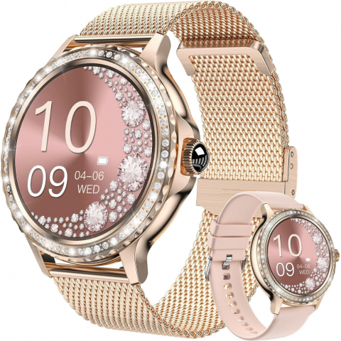 Smartwatch dama - Ceas smartwatch dama Evolve-x® EvoWatch 9 cu Apeluri si mesaje bluetooth, Monitorizare sanatate si Asistent vocal, 2 bratari incluse